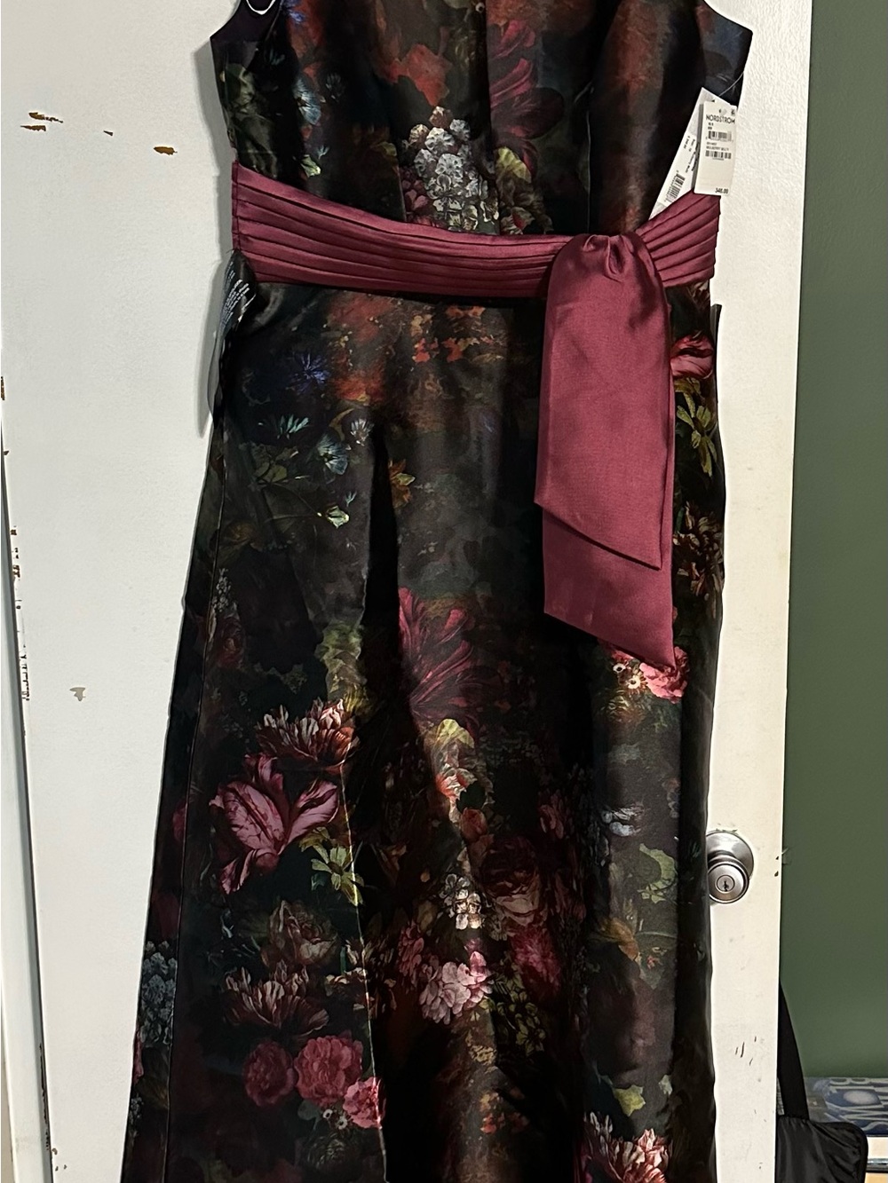 Sleeveless Black Floral Satin Dress with Burgundy Sash by Kate Unger
